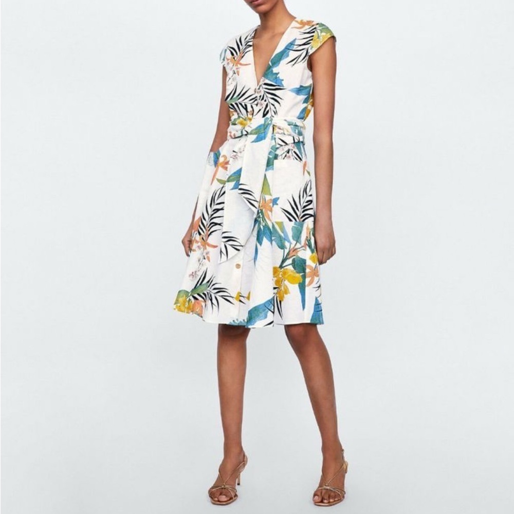 Dex Tropical Floral Palm Leaf Print Belted Shirt Midi Dress Linen Size Small